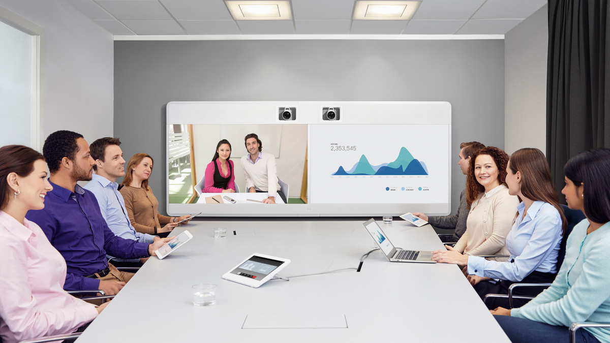 The Cisco TelePresence MX800 Dual video conferencing setup. This HD video chat setup provides users with a streamlined telepresence experience.